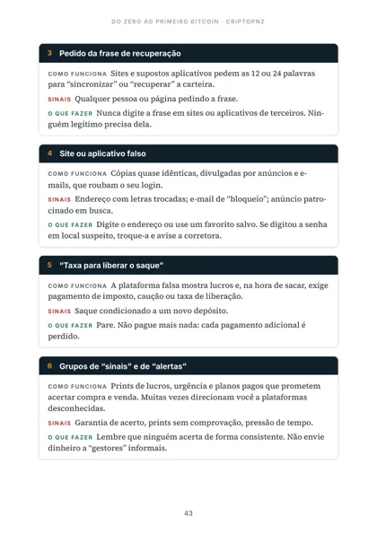 Página do guia com cartões de golpes comuns, sinais de alerta e o que fazer